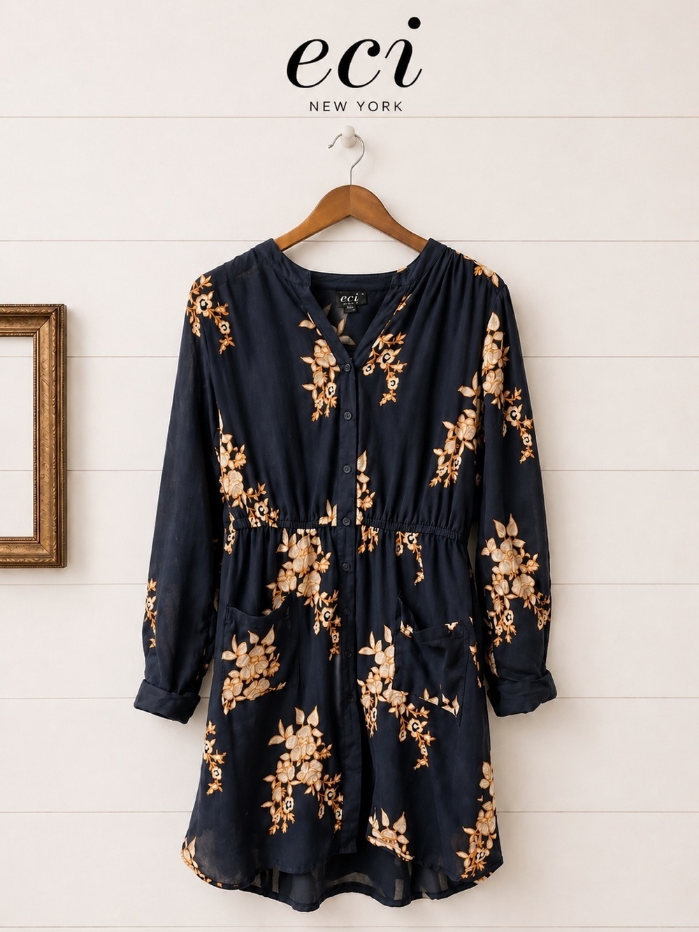 Embroidered Navy Floral Dress – ECI New York (Size 14)